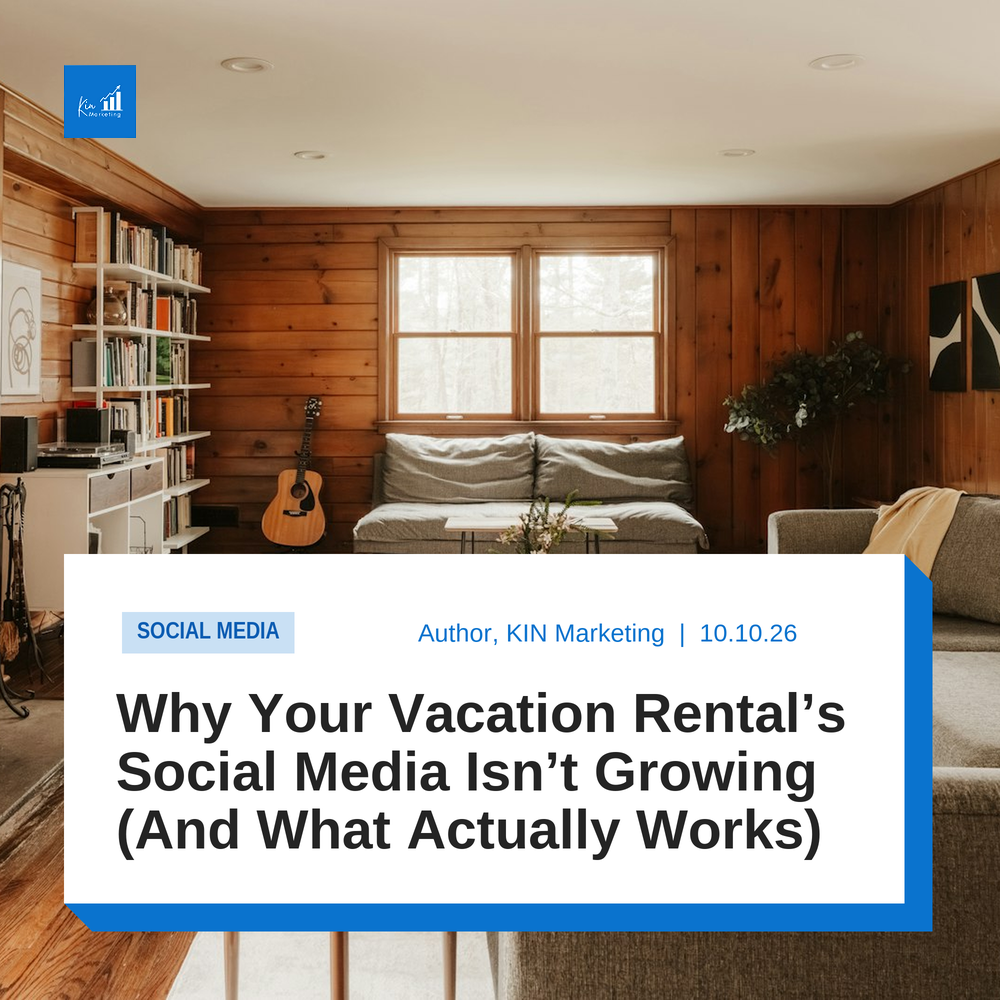 Cozy cabin living room with wood paneling, a window, a bookshelf and a guitar, with the post title on a white card